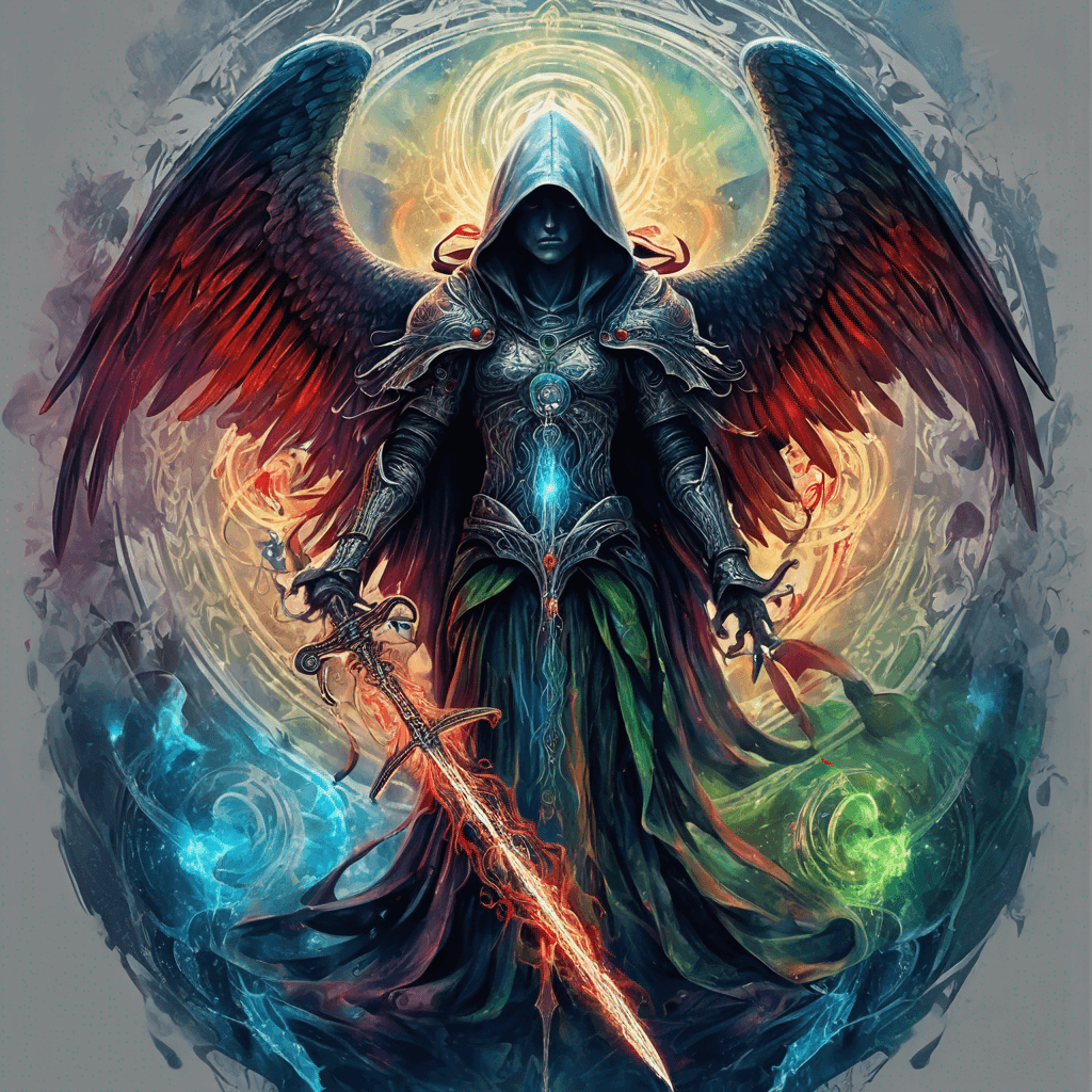 Hooded full-body angel, folded wings, red glowing eyes, vertical demonic sword w/ runes, ornate armor, extremely colorful includes blue,green,purple, red,orange,yellow,blac, white, within circle, filigree border
