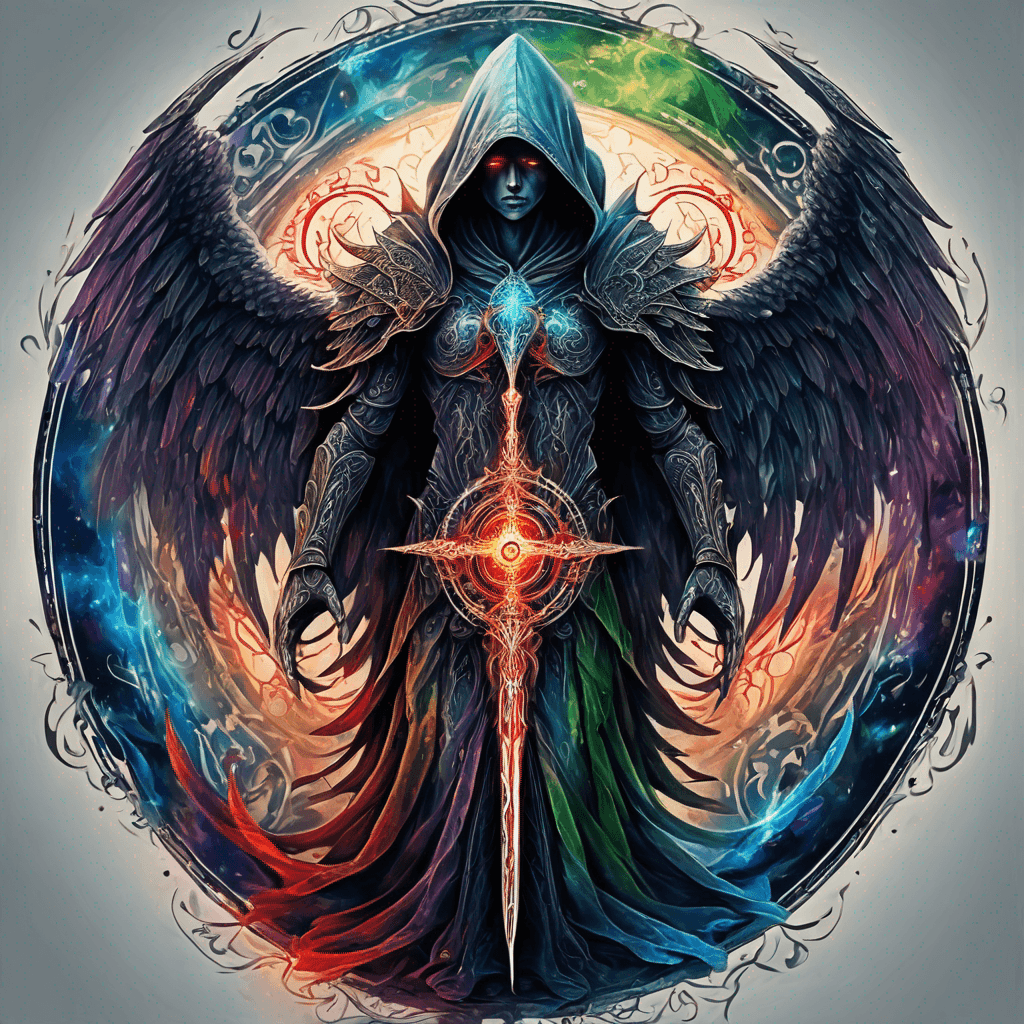Hooded full-body angel, folded wings, red glowing eyes, vertical demonic sword w/ runes, ornate armor, extremely colorful includes blue,green,purple, red,orange,yellow,blac, white, within circle, filigree border