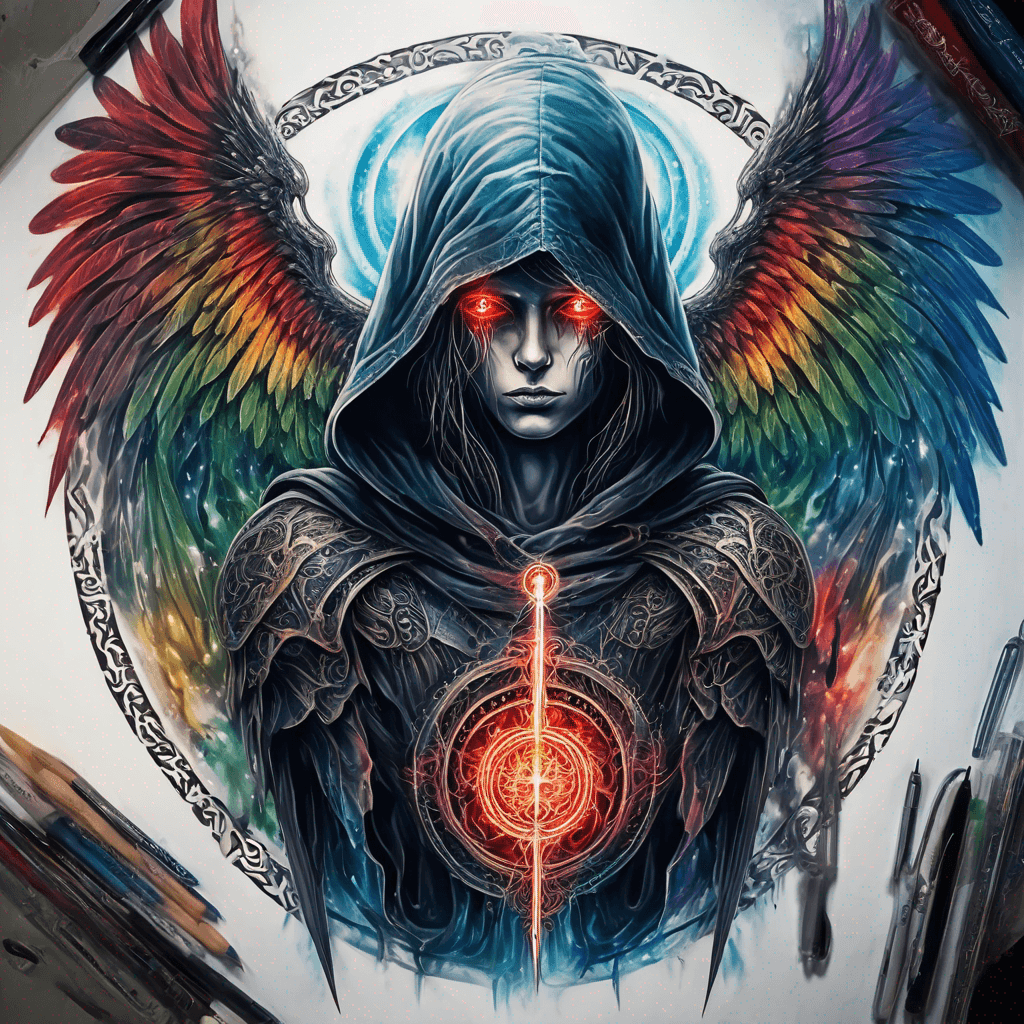 Hooded full-body angel, folded wings, red glowing eyes, vertical demonic sword w/ runes, ornate armor, extremely colorful includes blue,green,purple, red,orange,yellow,blac, white, within circle, filigree border