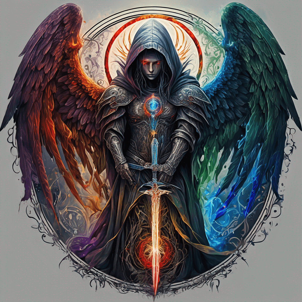 Hooded full-body angel, folded wings, red glowing eyes, vertical demonic sword w/ runes, ornate armor, extremely colorful includes blue,green,purple, red,orange,yellow,blac, white, within circle, filigree border