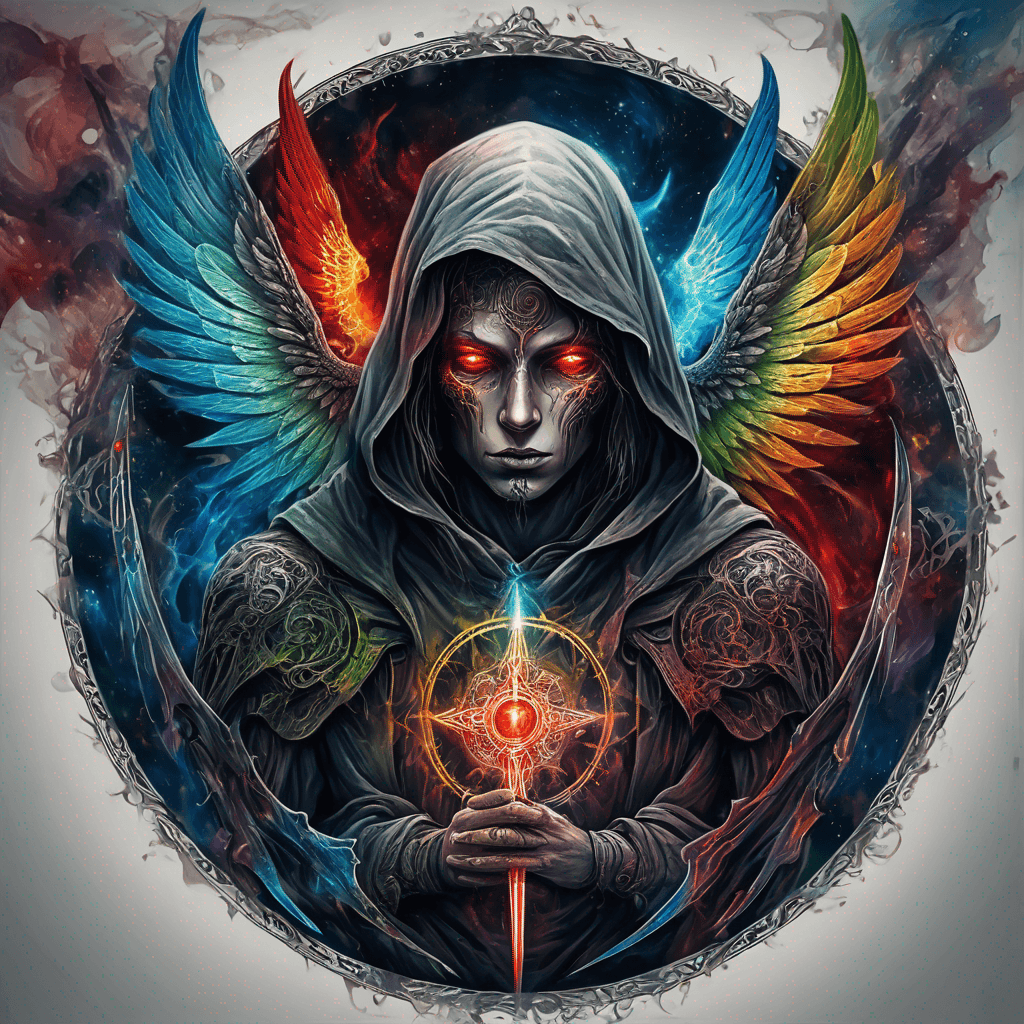 Hooded full-body angel, folded wings, red glowing eyes, vertical demonic sword w/ runes, ornate armor, extremely colorful includes blue,green,purple, red,orange,yellow,blac, white, within circle, filigree border