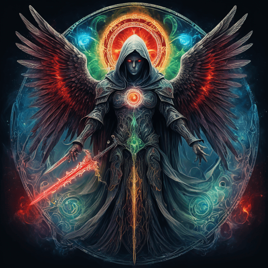 Hooded full-body angel, folded wings, red glowing eyes, vertical demonic sword w/ runes, ornate armor, extremely colorful includes blue,green,purple, red,orange,yellow,blac, white, within circle, filigree border