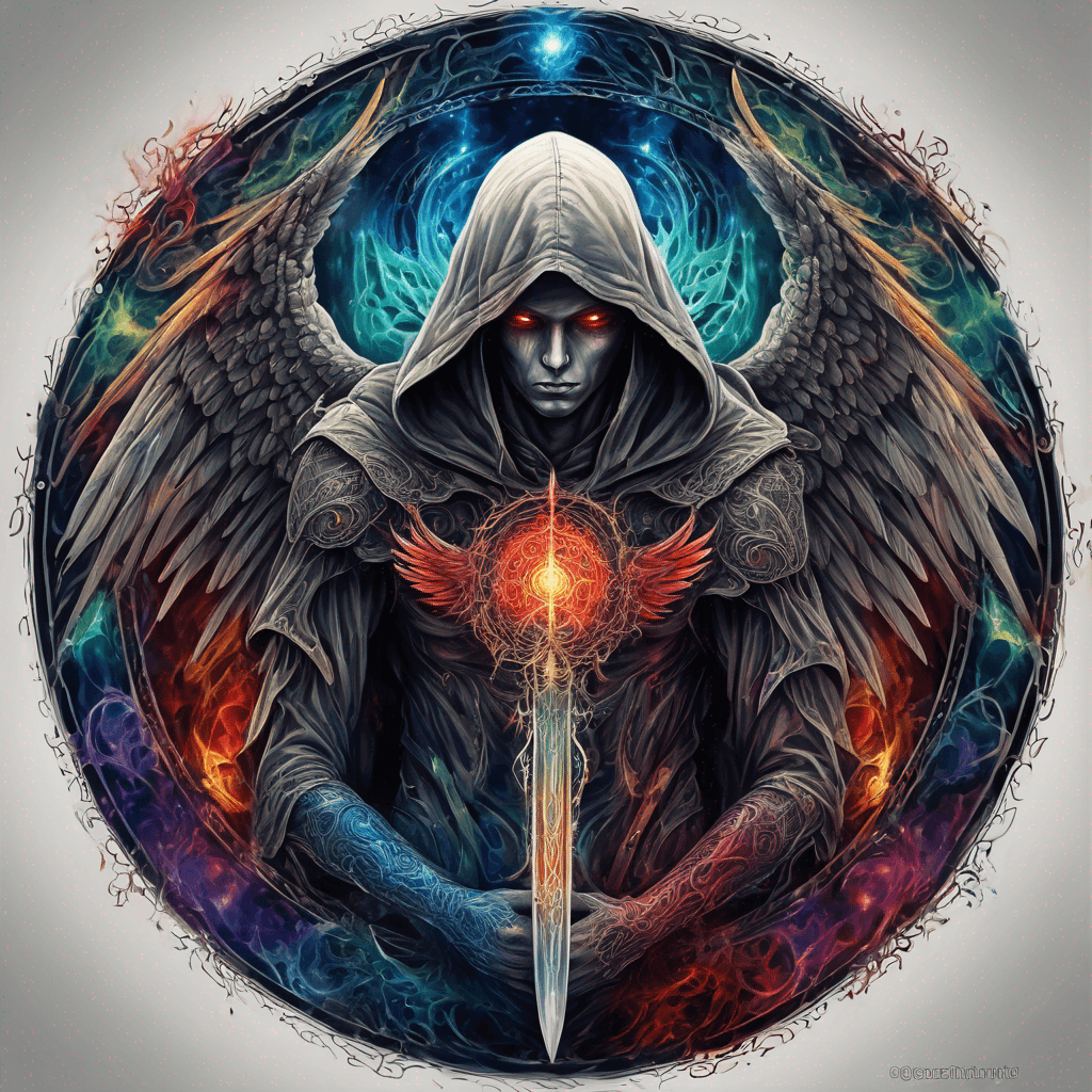 Hooded full-body angel, folded wings, red glowing eyes, vertical demonic sword w/ runes, ornate armor, extremely colorful includes blue,green,purple, red,orange,yellow,blac, white, within circle, filigree border