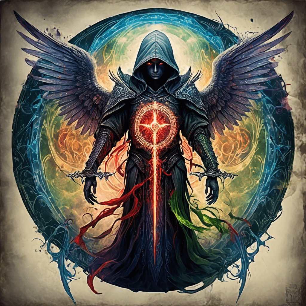 Hooded full-body angel, folded wings, red glowing eyes, vertical demonic sword w/ runes, ornate armor, extremely colorful includes blue,green,purple, red,orange,yellow,blac, white, within circle, filigree border