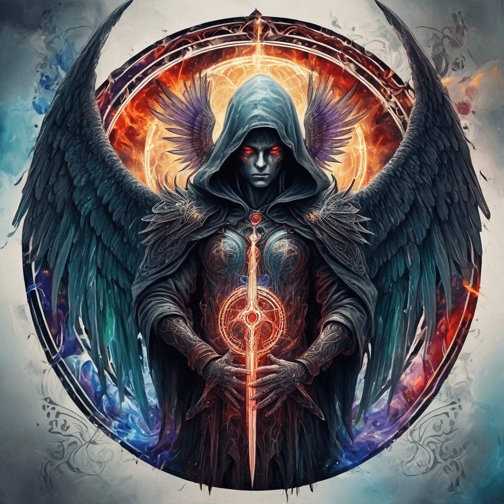 Hooded full-body angel, folded wings, red glowing eyes, vertical demonic sword w/ runes, ornate armor, extremely colorful includes blue,green,purple, red,orange,yellow,blac, white, within circle, filigree border
