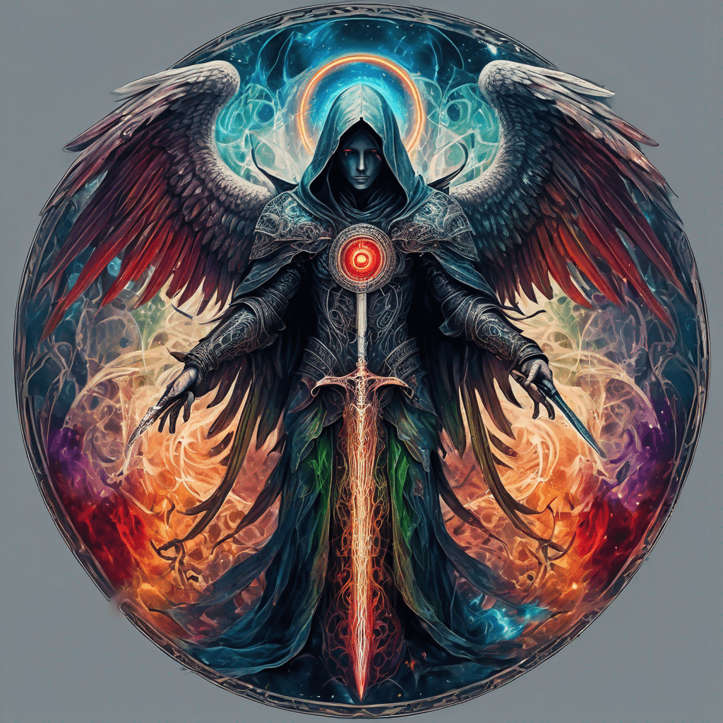 Hooded full-body angel, folded wings, red glowing eyes, vertical demonic sword w/ runes, ornate armor, extremely colorful includes blue,green,purple, red,orange,yellow,blac, white, within circle, filigree border