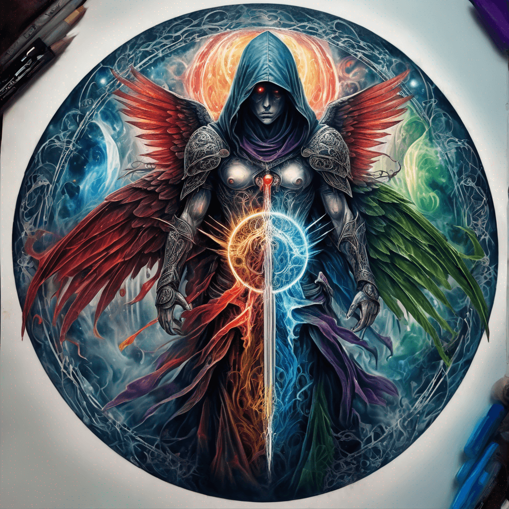 Hooded full-body angel, folded wings, red glowing eyes, vertical demonic sword w/ runes, ornate armor, extremely colorful includes blue,green,purple, red,orange,yellow,blac, white, within circle, filigree border