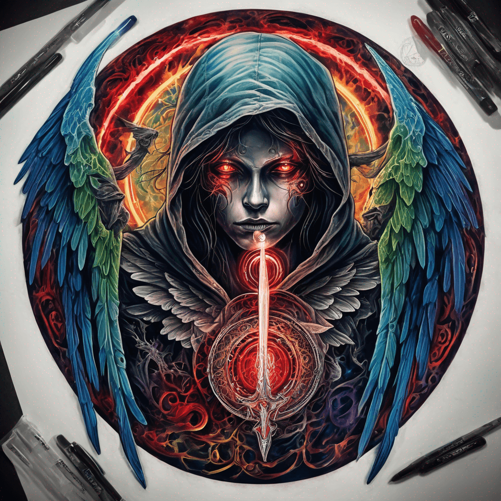 Hooded full-body angel, folded wings, red glowing eyes, vertical demonic sword w/ runes, ornate armor, extremely colorful includes blue,green,purple, red,orange,yellow,blac, white, within circle, filigree border