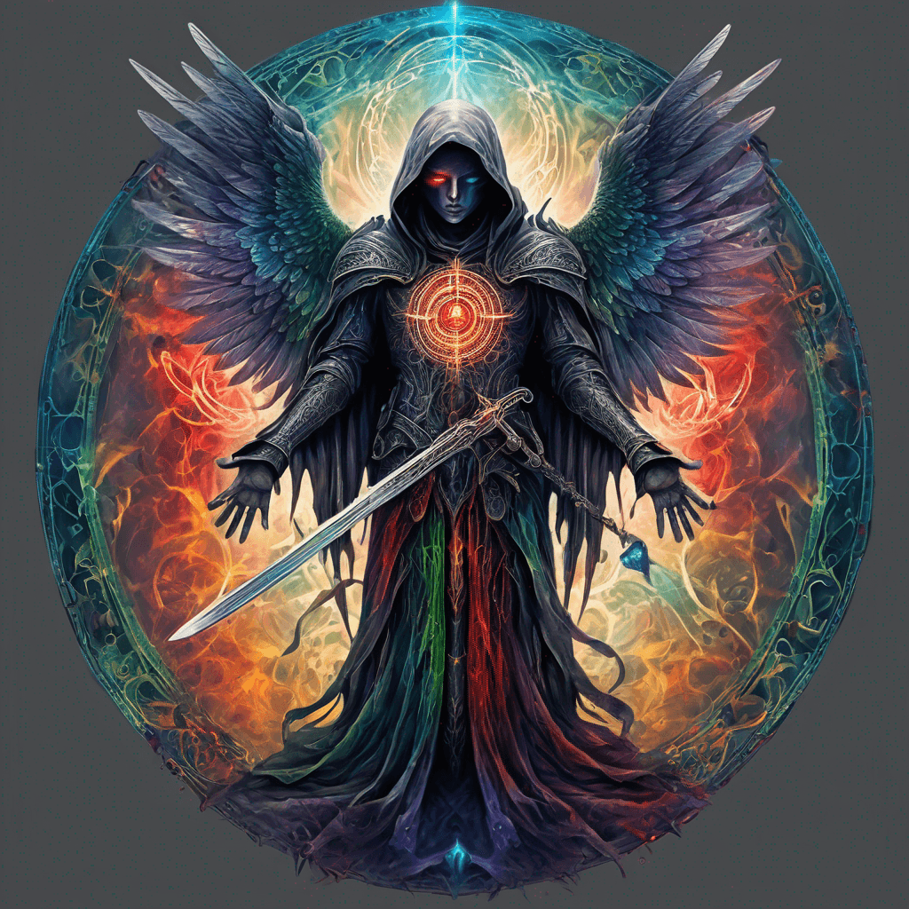 Hooded full-body angel, folded wings, red glowing eyes, vertical demonic sword w/ runes, ornate armor, extremely colorful includes blue,green,purple, red,orange,yellow,blac, white, within circle, filigree border
