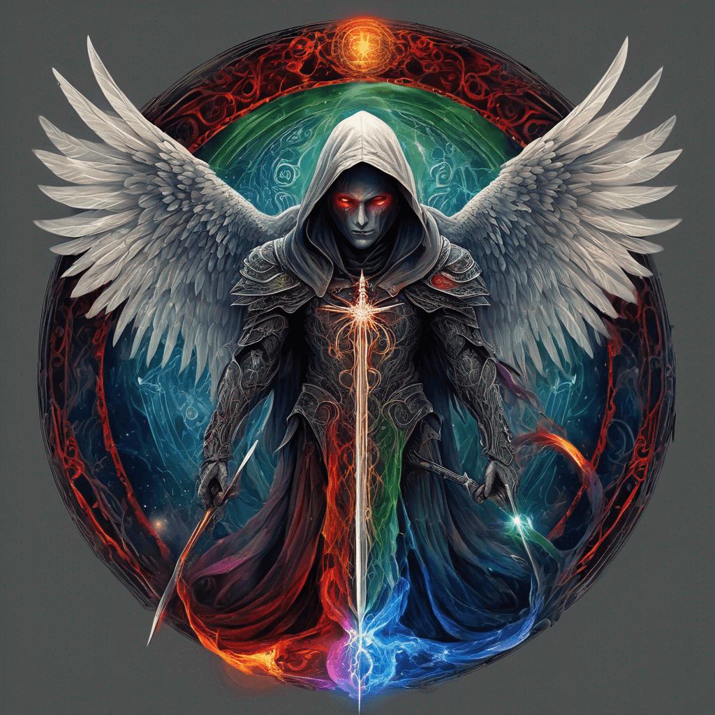 Hooded full-body angel, folded wings, red glowing eyes, vertical demonic sword w/ runes, ornate armor, extremely colorful includes blue,green,purple, red,orange,yellow,blac, white, within circle, filigree border