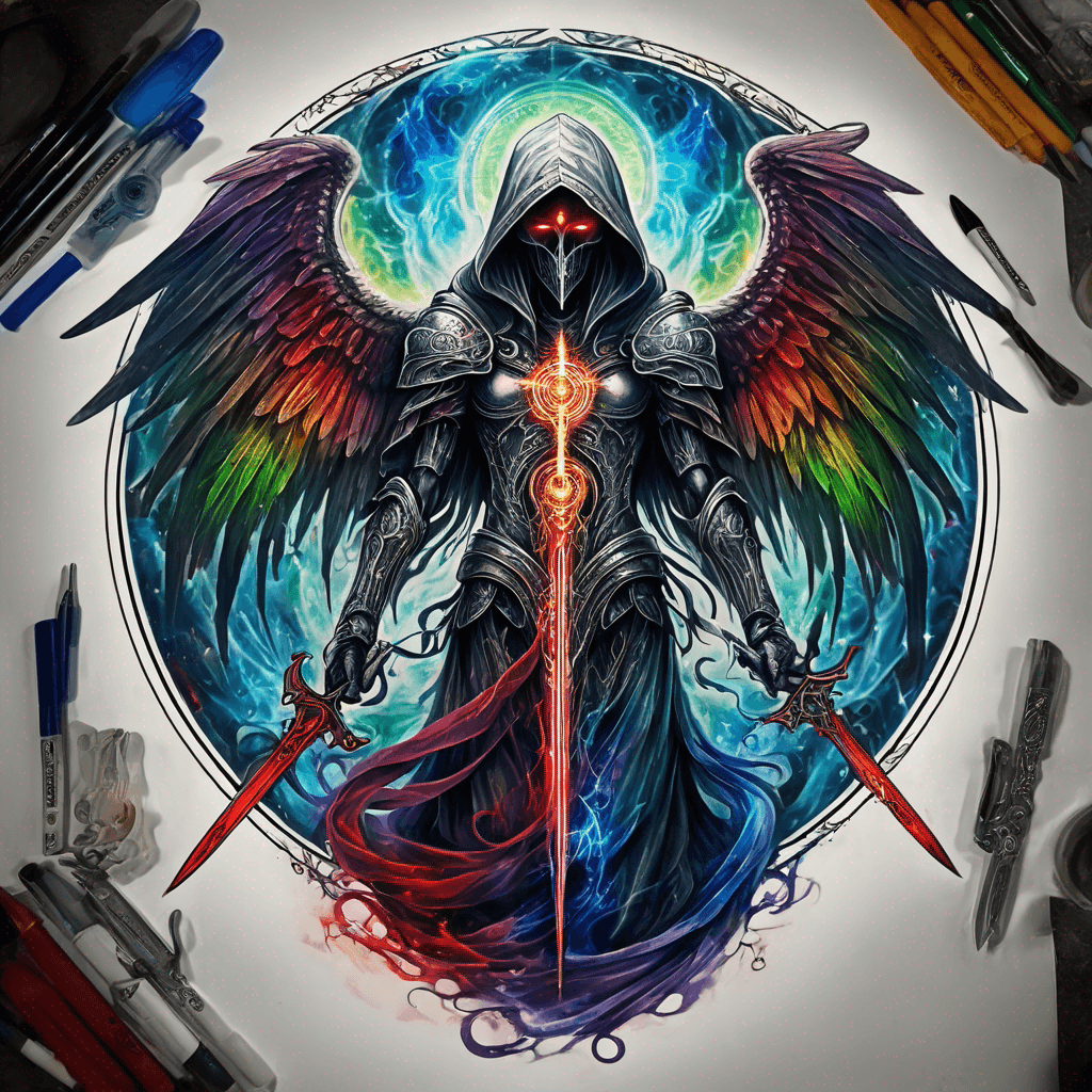 Hooded full-body angel, folded wings, red glowing eyes, vertical demonic sword w/ runes, ornate armor, extremely colorful includes blue,green,purple, red,orange,yellow,blac, white, within circle, filigree border