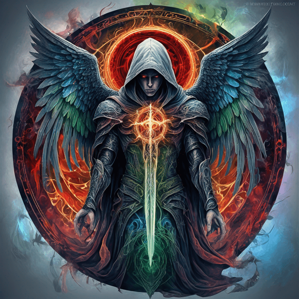 Hooded full-body angel, folded wings, red glowing eyes, vertical demonic sword w/ runes, ornate armor, extremely colorful includes blue,green,purple, red,orange,yellow,blac, white, within circle, filigree border