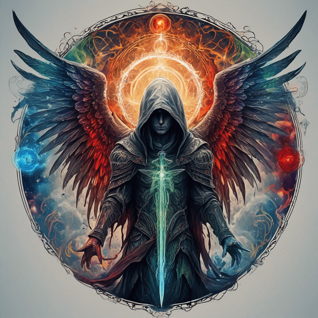 Hooded full-body angel, folded wings, red glowing eyes, vertical demonic sword w/ runes, ornate armor, extremely colorful includes blue,green,purple, red,orange,yellow,blac, white, within circle, filigree border