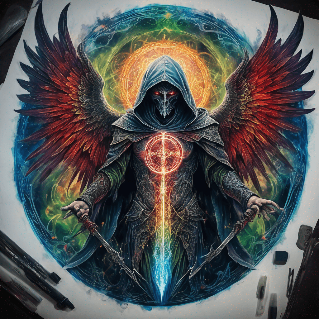 Hooded full-body angel, folded wings, red glowing eyes, vertical demonic sword w/ runes, ornate armor, extremely colorful includes blue,green,purple, red,orange,yellow,blac, white, within circle, filigree border