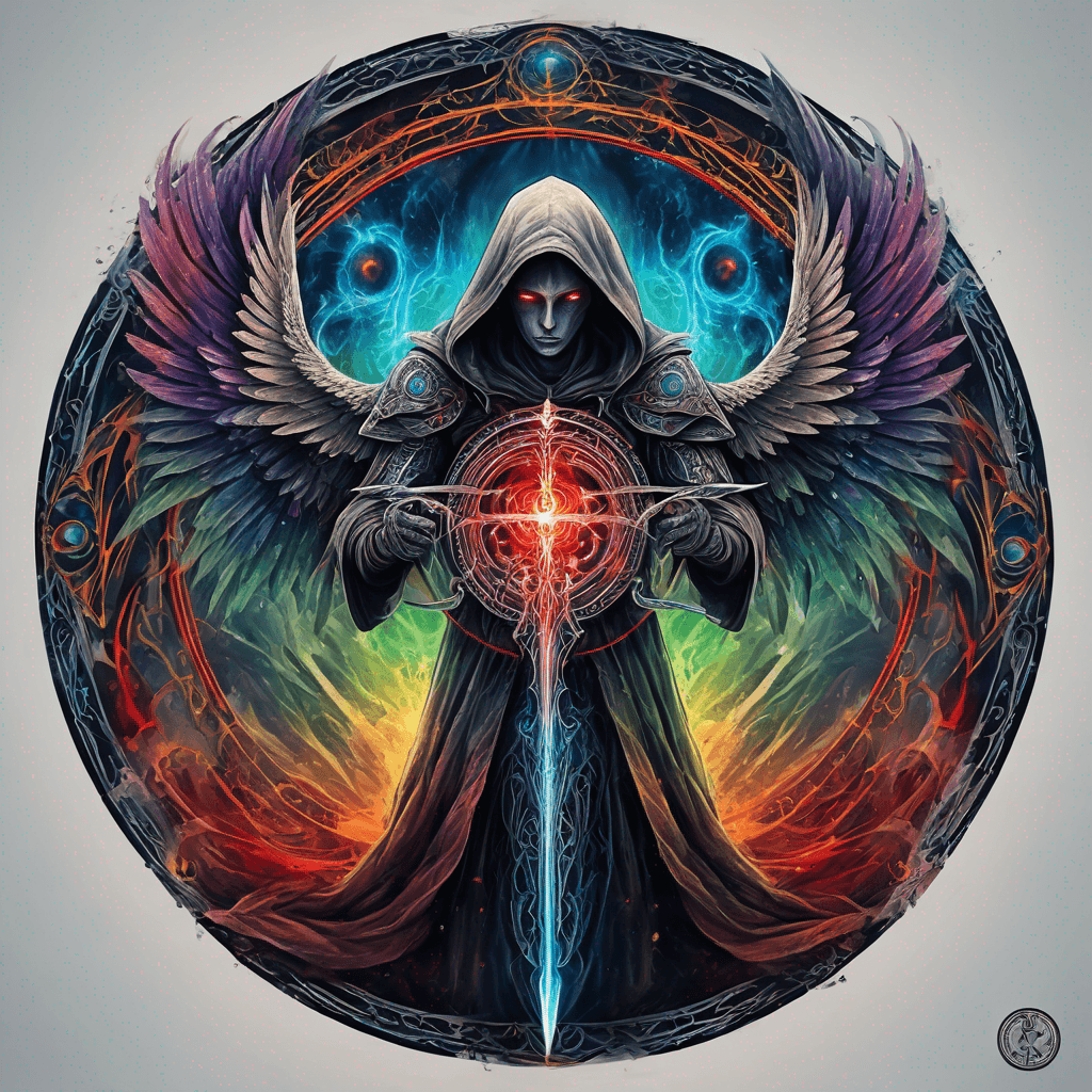 Hooded full-body angel, folded wings, red glowing eyes, vertical demonic sword w/ runes, ornate armor, extremely colorful includes blue,green,purple, red,orange,yellow,blac, white, within circle, filigree border