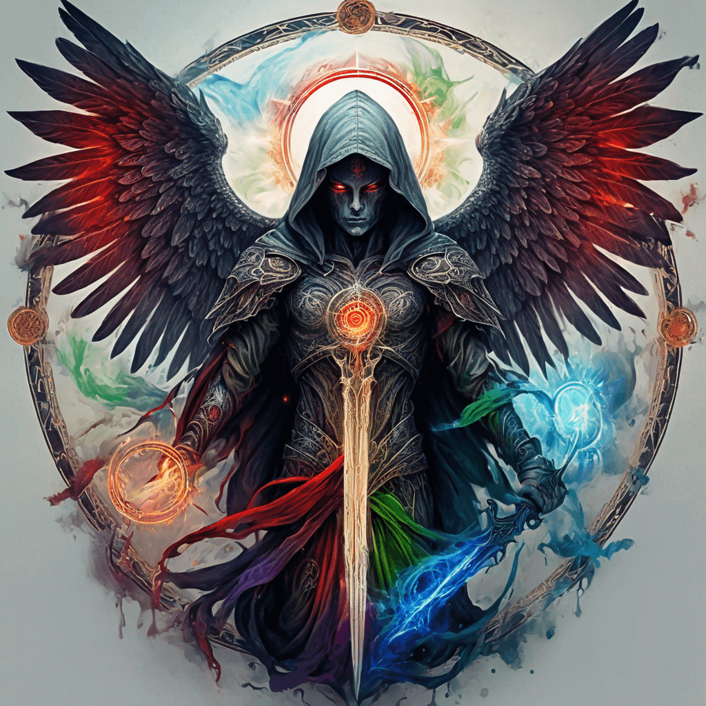 Hooded full-body angel, folded wings, red glowing eyes, vertical demonic sword w/ runes, ornate armor, extremely colorful includes blue,green,purple, red,orange,yellow,blac, white, within circle, filigree border