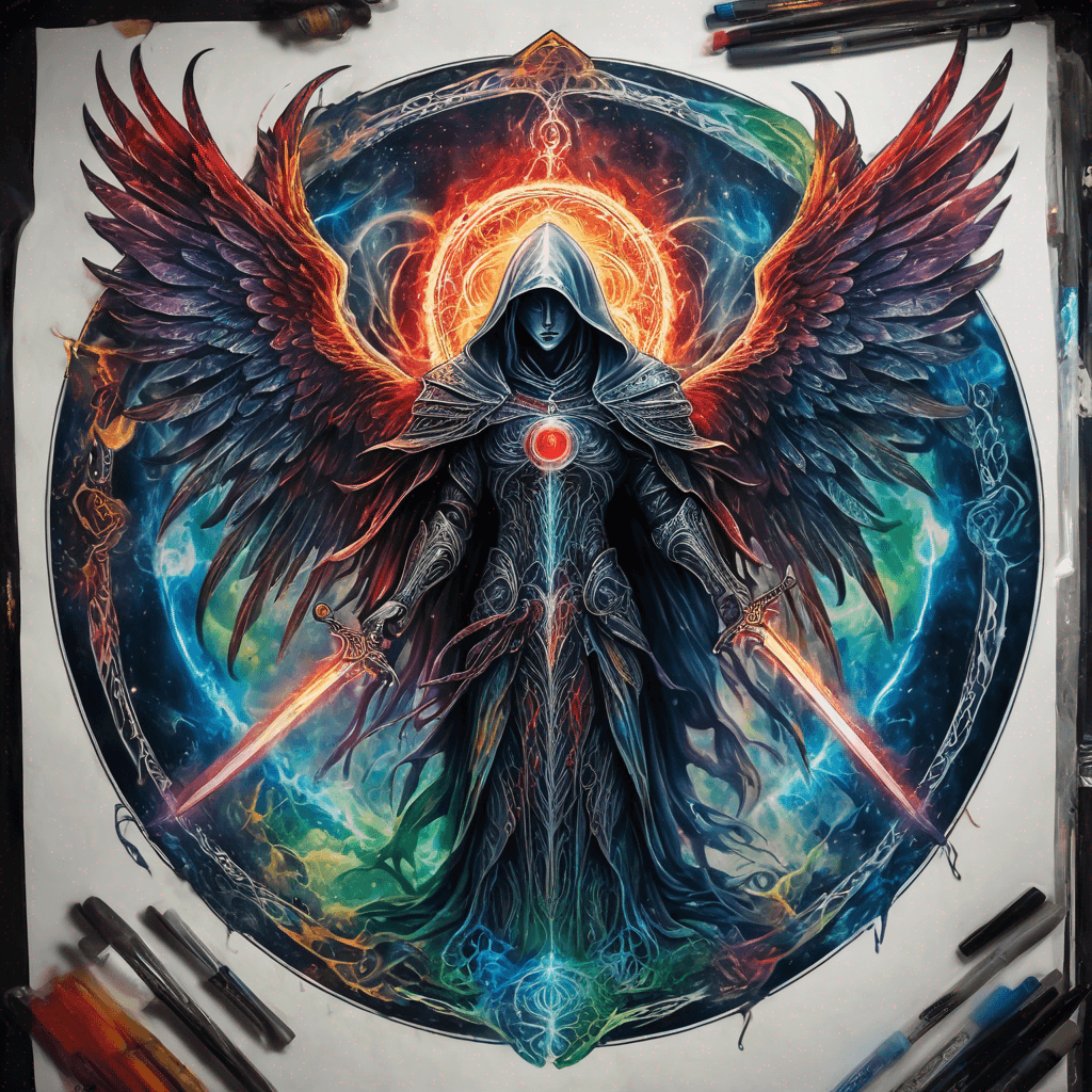 Hooded full-body angel, folded wings, red glowing eyes, vertical demonic sword w/ runes, ornate armor, extremely colorful includes blue,green,purple, red,orange,yellow,blac, white, within circle, filigree border