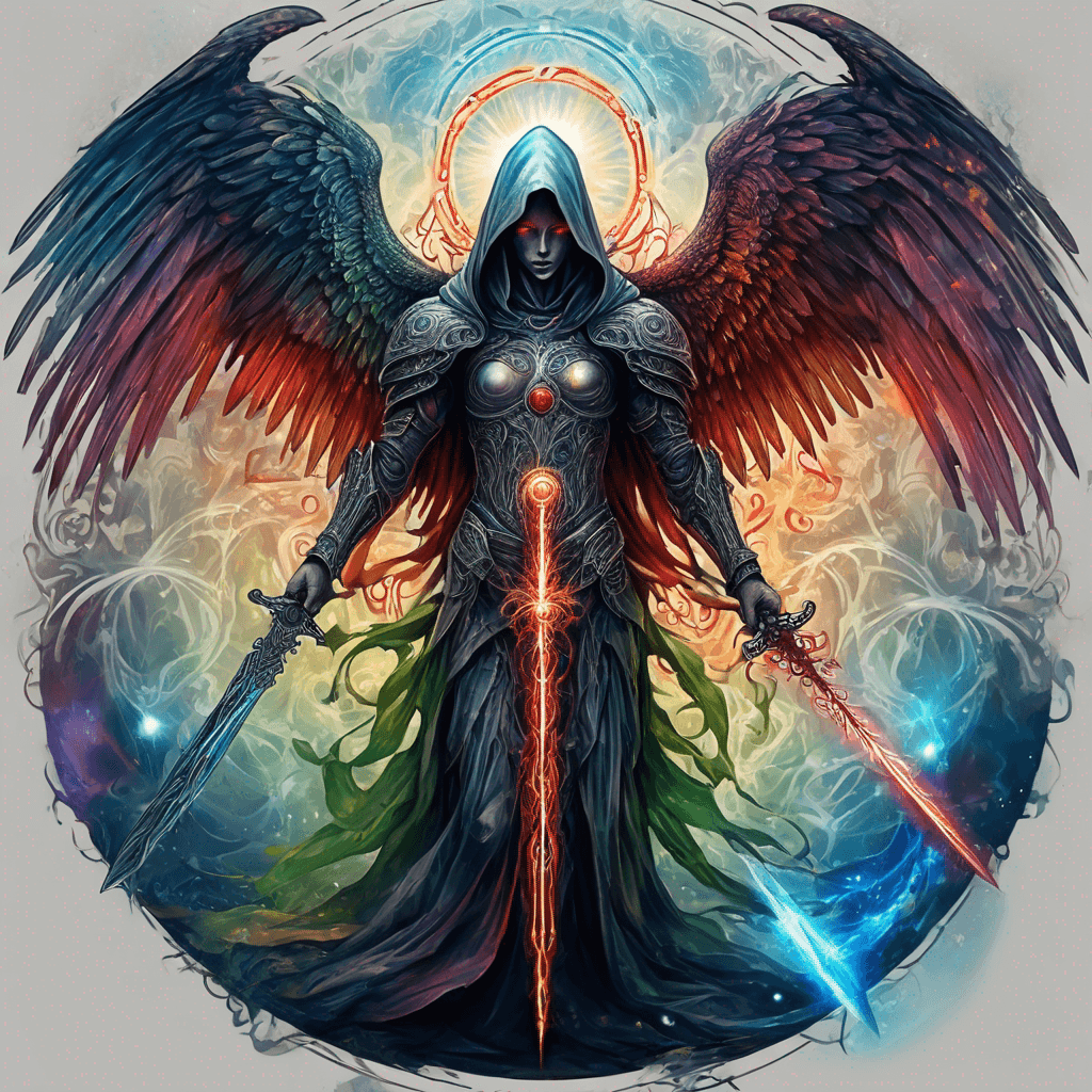 Hooded full-body angel, folded wings, red glowing eyes, vertical demonic sword w/ runes, ornate armor, extremely colorful includes blue,green,purple, red,orange,yellow,blac, white, within circle, filigree border