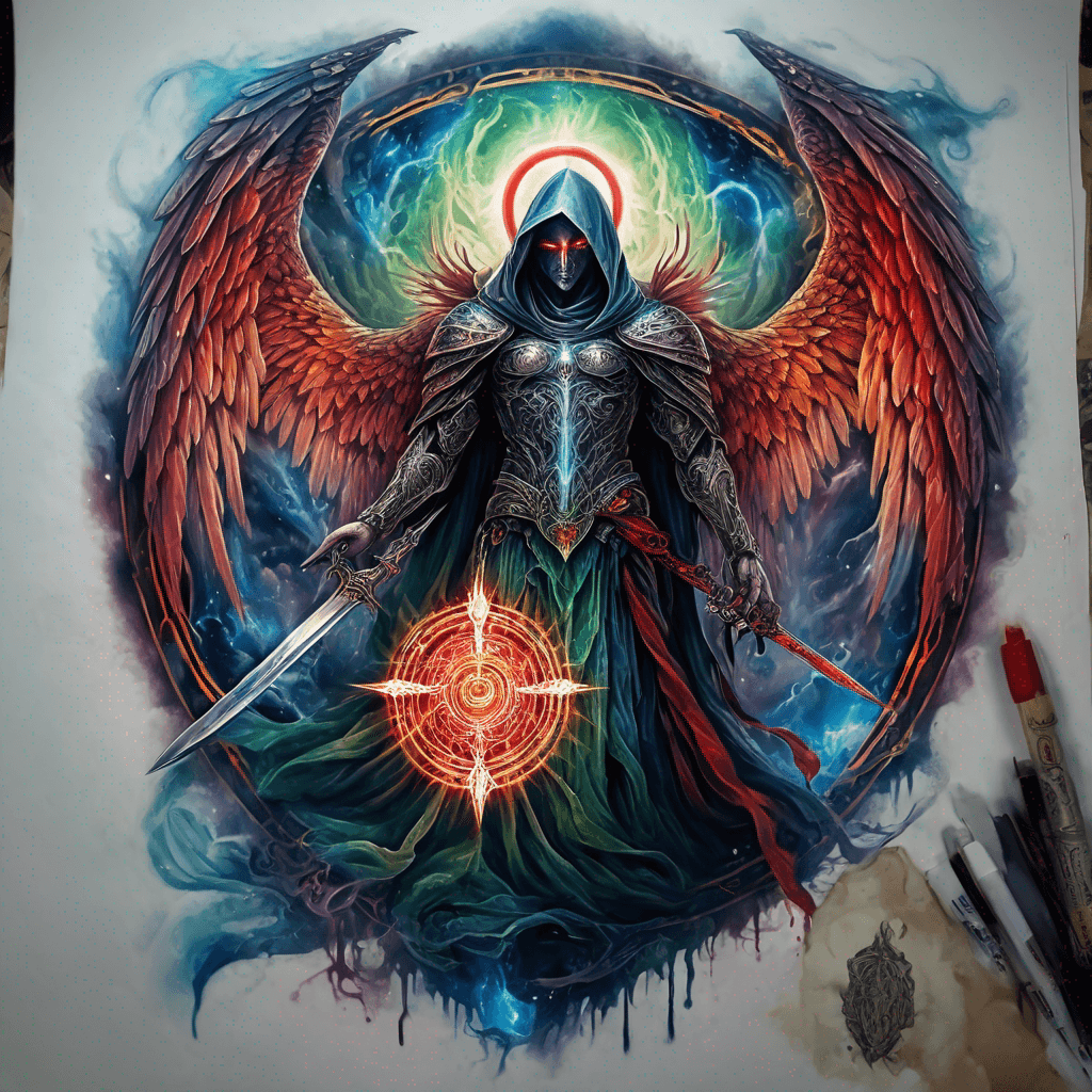 Hooded full-body angel, folded wings, red glowing eyes, vertical demonic sword w/ runes, ornate armor, extremely colorful includes blue,green,purple, red,orange,yellow,blac, white, within circle, filigree border