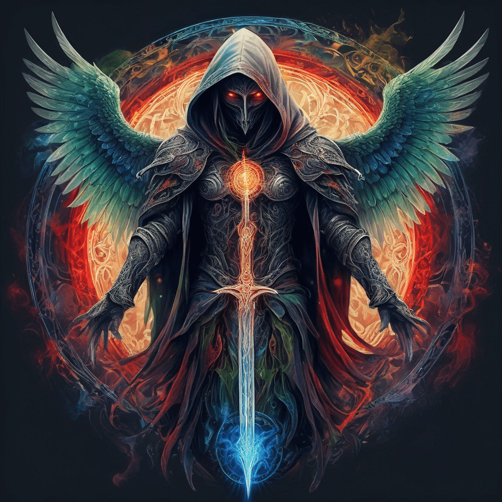 Hooded full-body angel, folded wings, red glowing eyes, vertical demonic sword w/ runes, ornate armor, extremely colorful includes blue,green,purple, red,orange,yellow,blac, white, within circle, filigree border