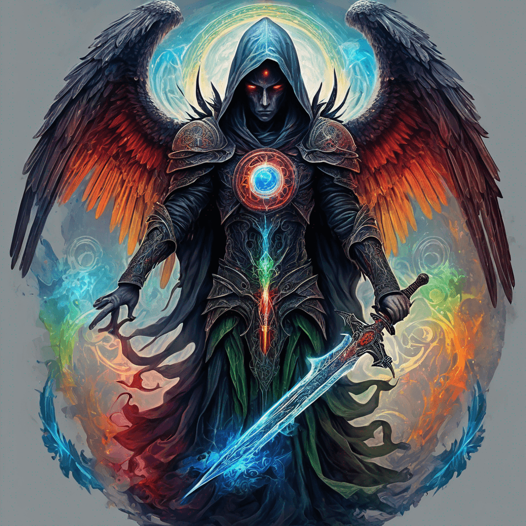 Hooded full-body angel, folded wings, red glowing eyes, vertical demonic sword w/ runes, ornate armor, extremely colorful includes blue,green,purple, red,orange,yellow,blac, white, within circle, filigree border