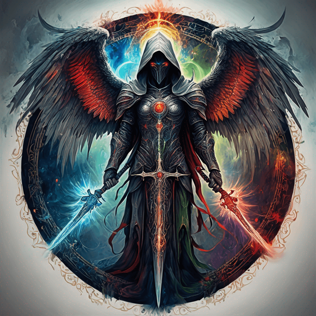 Hooded full-body angel, folded wings, red glowing eyes, vertical demonic sword w/ runes, ornate armor, extremely colorful includes blue,green,purple, red,orange,yellow,blac, white, within circle, filigree border
