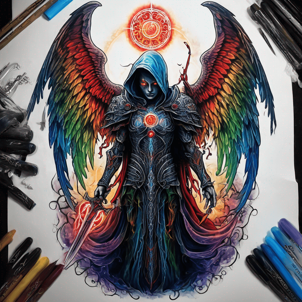 Hooded full-body angel, folded wings, red glowing eyes, vertical demonic sword w/ runes, ornate armor, extremely colorful includes blue,green,purple, red,orange,yellow,blac, white, within circle, filigree border