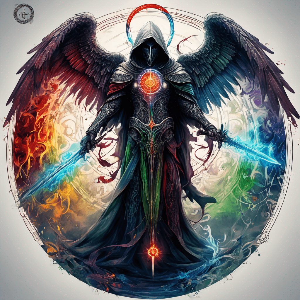 Hooded full-body angel, folded wings, red glowing eyes, vertical demonic sword w/ runes, ornate armor, extremely colorful includes blue,green,purple, red,orange,yellow,blac, white, within circle, filigree border