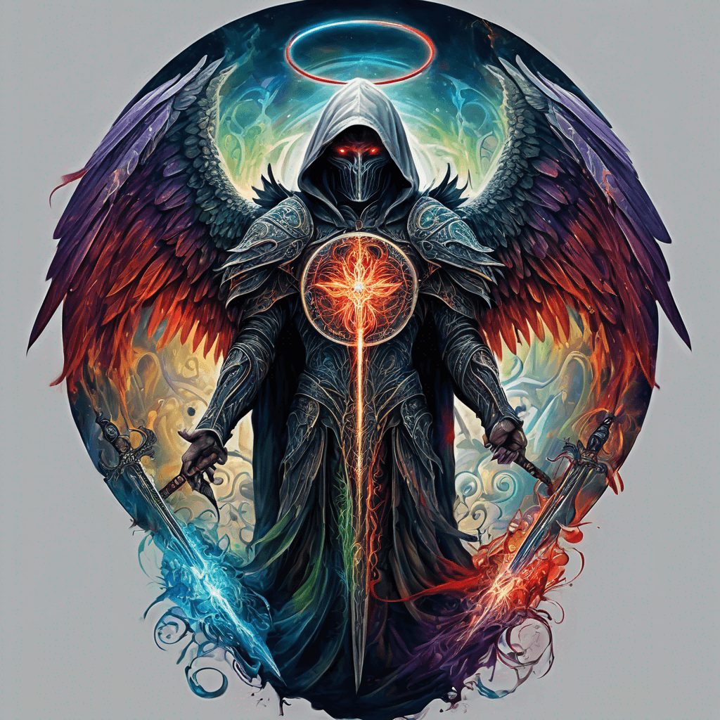 Hooded full-body angel, folded wings, red glowing eyes, vertical demonic sword w/ runes, ornate armor, extremely colorful includes blue,green,purple, red,orange,yellow,blac, white, within circle, filigree border