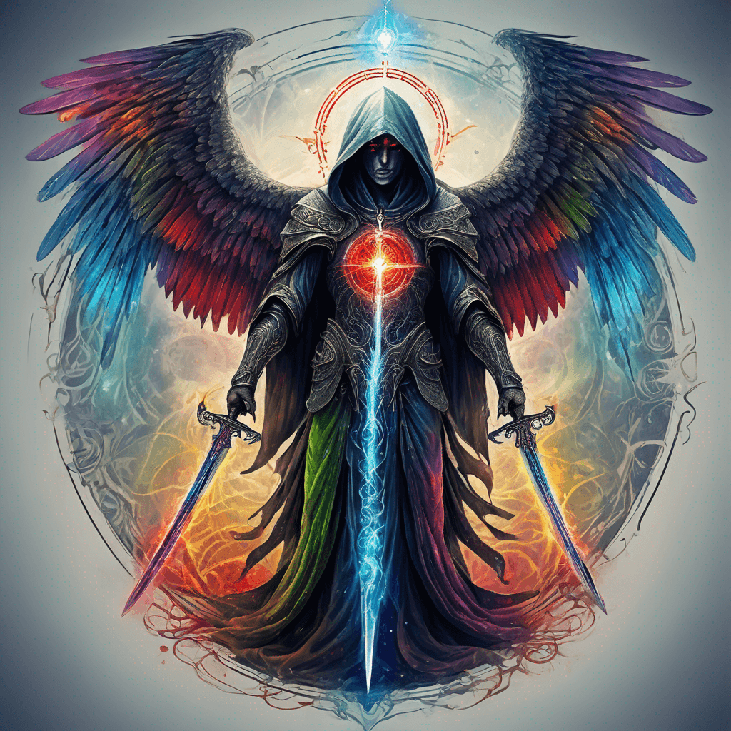 Hooded full-body angel, folded wings, red glowing eyes, vertical demonic sword w/ runes, ornate armor, extremely colorful includes blue,green,purple, red,orange,yellow,blac, white, within circle, filigree border