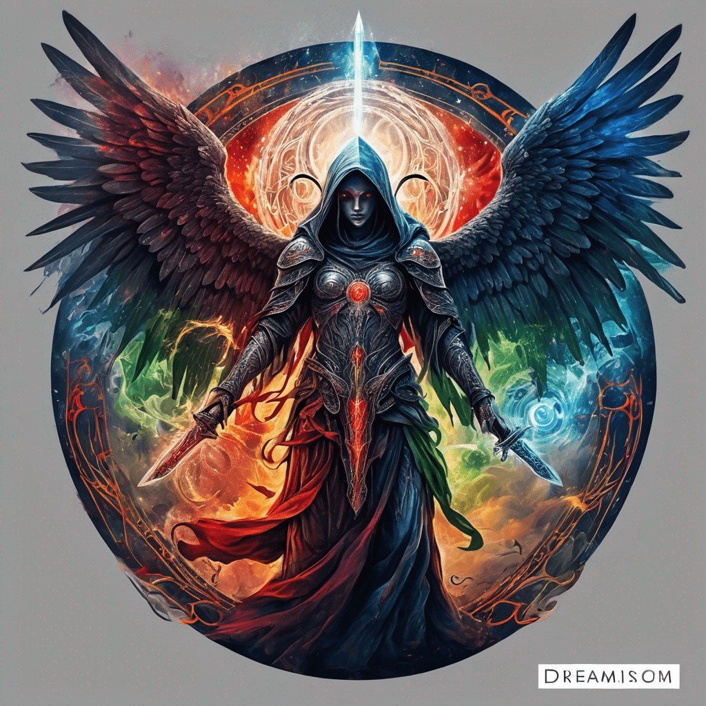 Hooded full-body angel, folded wings, red glowing eyes, vertical demonic sword w/ runes, ornate armor, extremely colorful includes blue,green,purple, red,orange,yellow,blac, white, within circle, filigree border