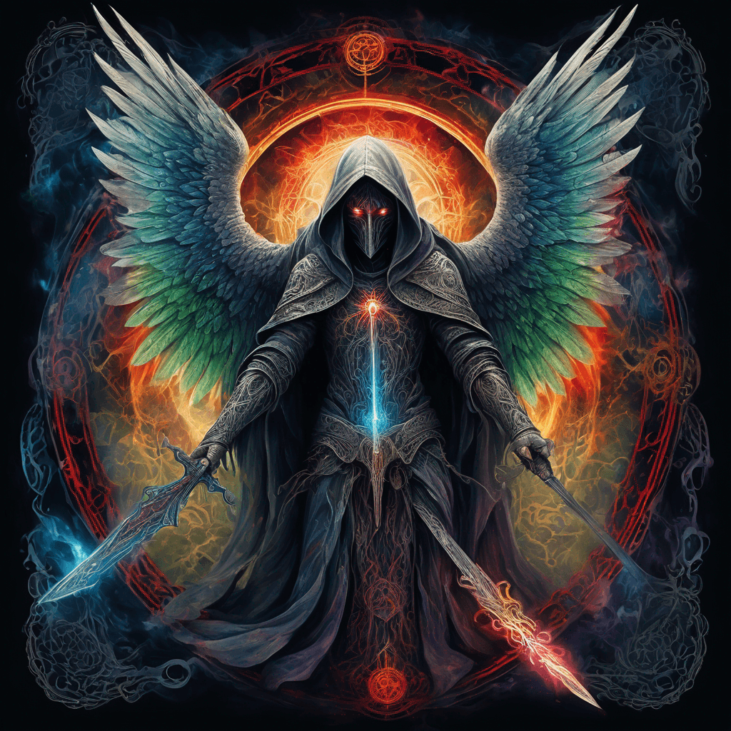 Hooded full-body angel, folded wings, red glowing eyes, vertical demonic sword w/ runes, ornate armor, extremely colorful includes blue,green,purple, red,orange,yellow,blac, white, within circle, filigree border