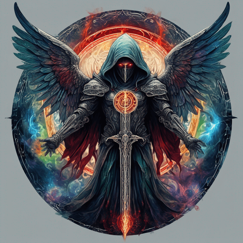 Hooded full-body angel, folded wings, red glowing eyes, vertical demonic sword w/ runes, ornate armor, extremely colorful includes blue,green,purple, red,orange,yellow,blac, white, within circle, filigree border
