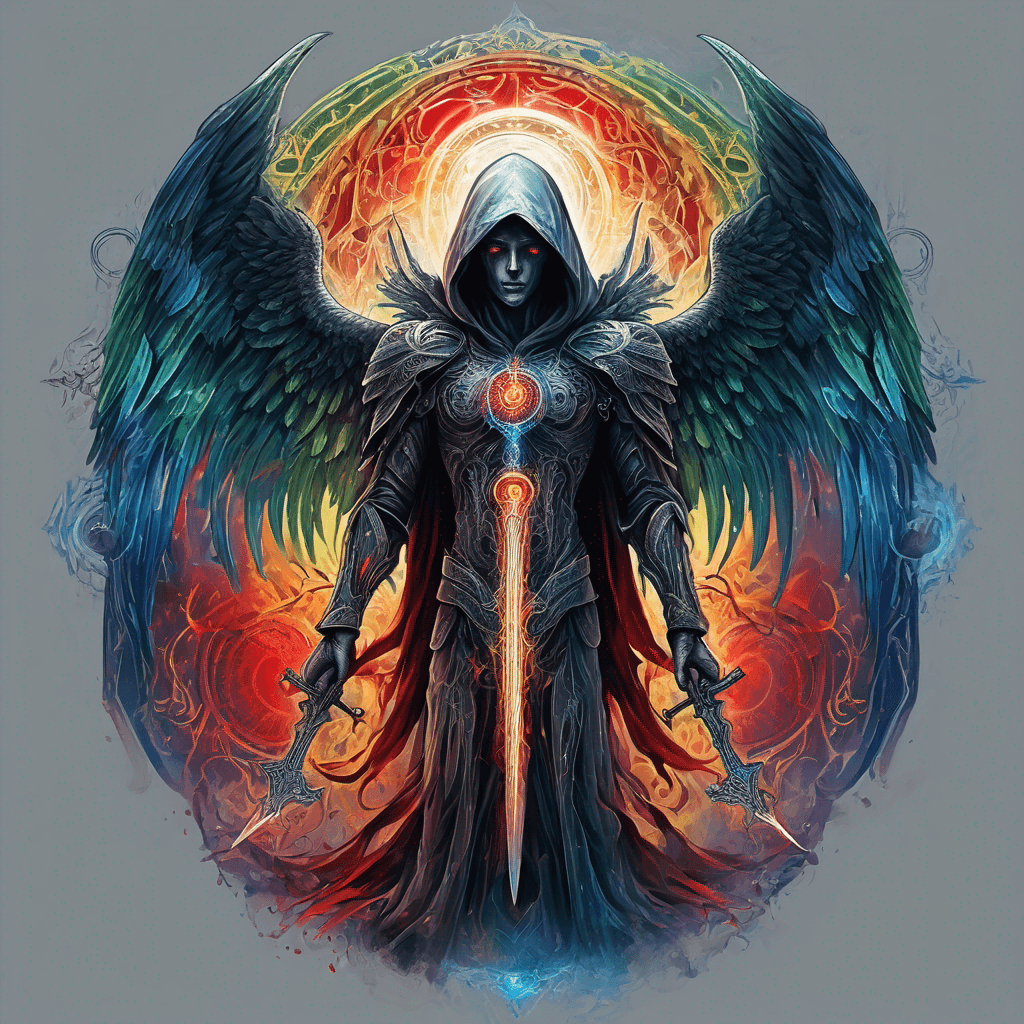 Hooded full-body angel, folded wings, red glowing eyes, vertical demonic sword w/ runes, ornate armor, extremely colorful includes blue,green,purple, red,orange,yellow,blac, white, within circle, filigree border
