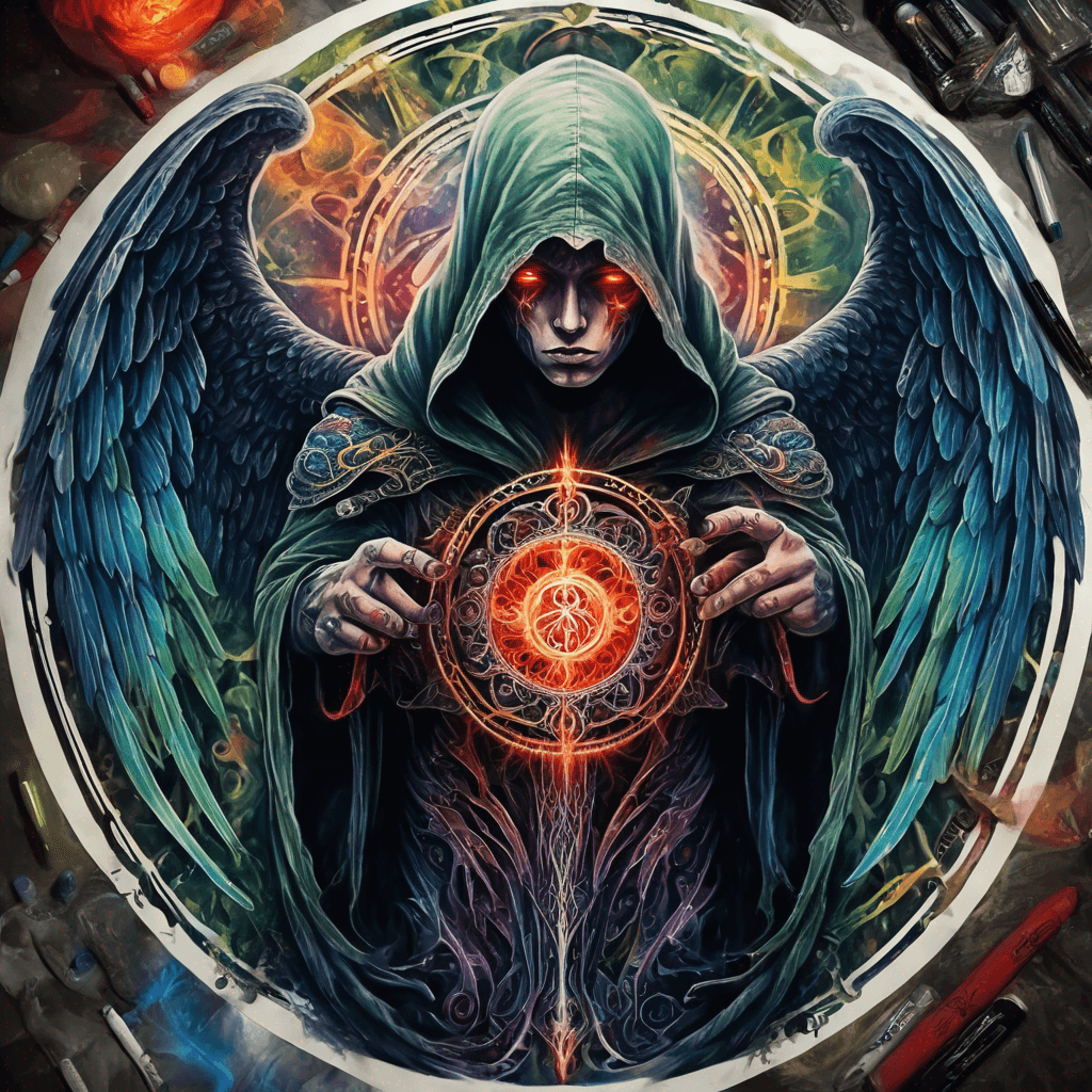 Hooded full-body angel, folded wings, red glowing eyes, vertical demonic sword w/ runes, ornate armor, extremely colorful includes blue,green,purple, red,orange,yellow,blac, white, within circle, filigree border