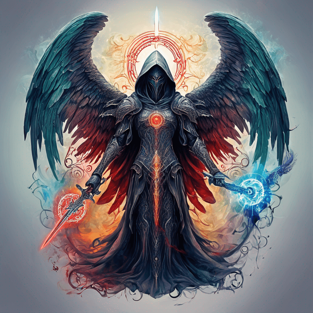 Hooded full-body angel, folded wings, red glowing eyes, vertical demonic sword w/ runes, ornate armor, extremely colorful includes blue,green,purple, red,orange,yellow,blac, white, within circle, filigree border