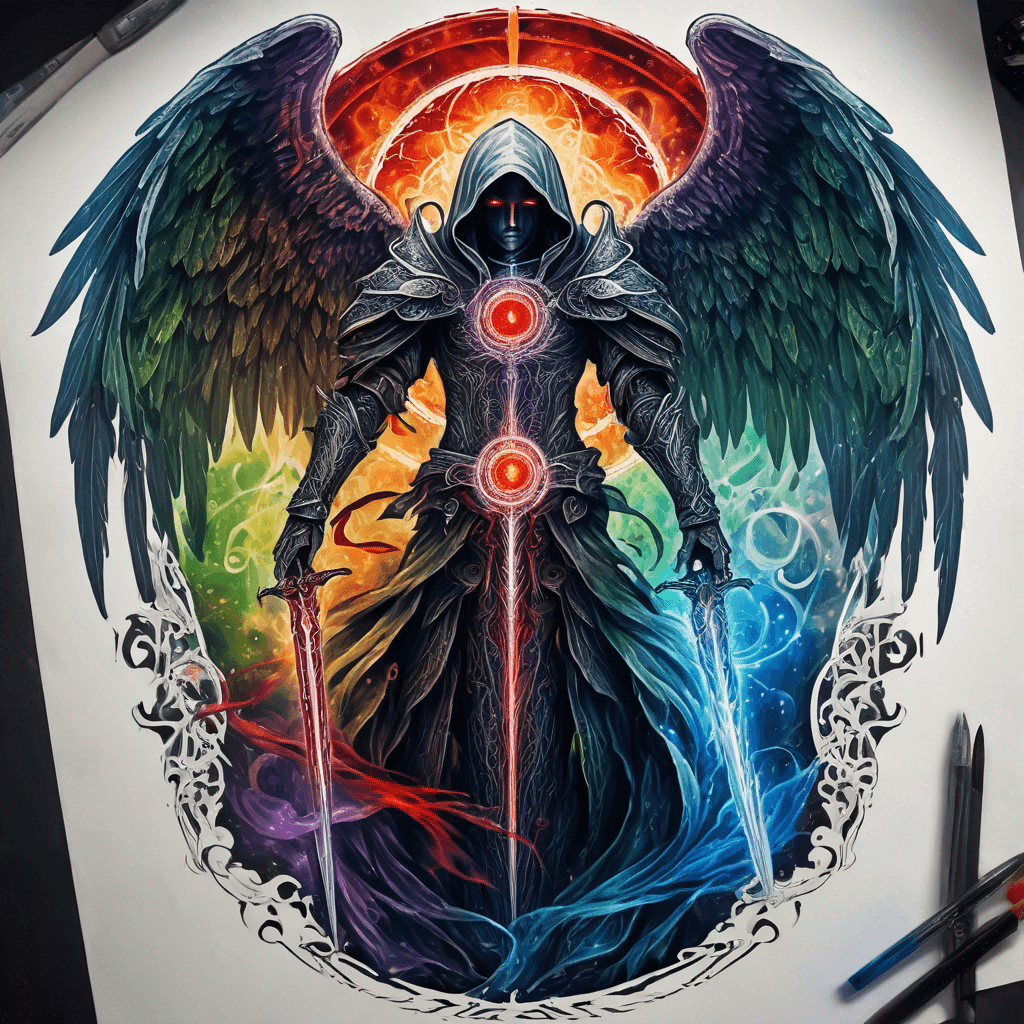 Hooded full-body angel, folded wings, red glowing eyes, vertical demonic sword w/ runes, ornate armor, extremely colorful includes blue,green,purple, red,orange,yellow,blac, white, within circle, filigree border