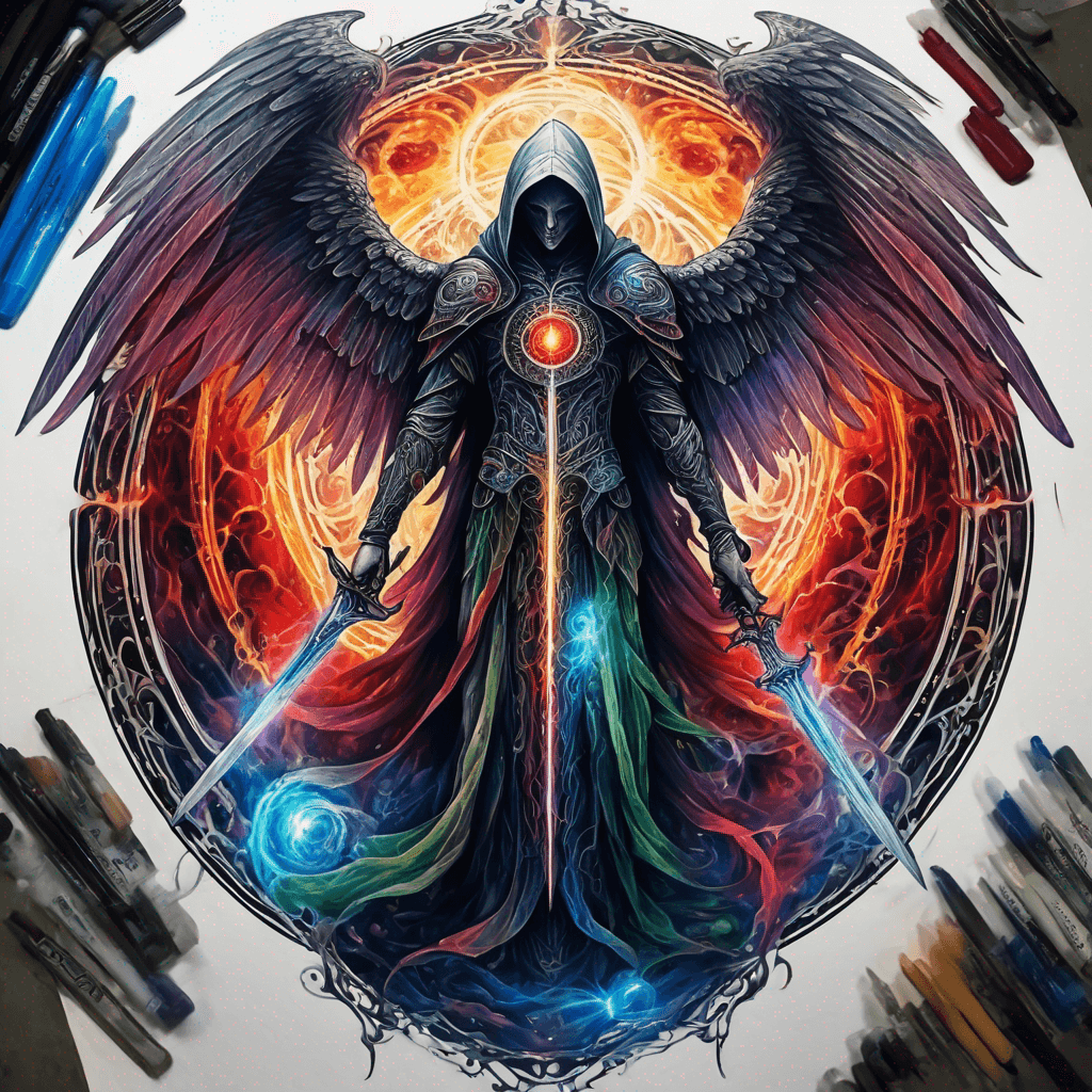 Hooded full-body angel, folded wings, red glowing eyes, vertical demonic sword w/ runes, ornate armor, extremely colorful includes blue,green,purple, red,orange,yellow,blac, white, within circle, filigree border