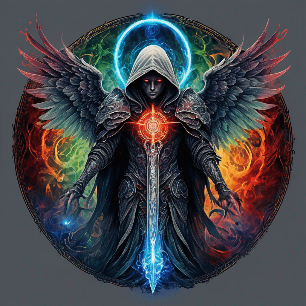 Hooded full-body angel, folded wings, red glowing eyes, vertical demonic sword w/ runes, ornate armor, extremely colorful includes blue,green,purple, red,orange,yellow,blac, white, within circle, filigree border