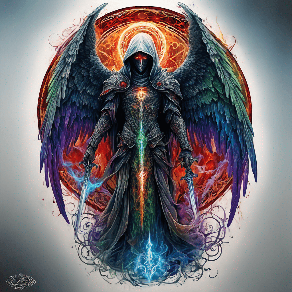 Hooded full-body angel, folded wings, red glowing eyes, vertical demonic sword w/ runes, ornate armor, extremely colorful includes blue,green,purple, red,orange,yellow,blac, white, within circle, filigree border