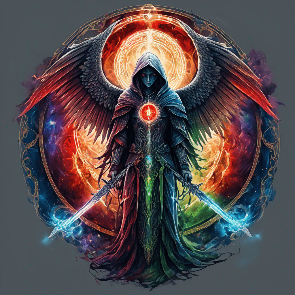 Hooded full-body angel, folded wings, red glowing eyes, vertical demonic sword w/ runes, ornate armor, extremely colorful includes blue,green,purple, red,orange,yellow,blac, white, within circle, filigree border