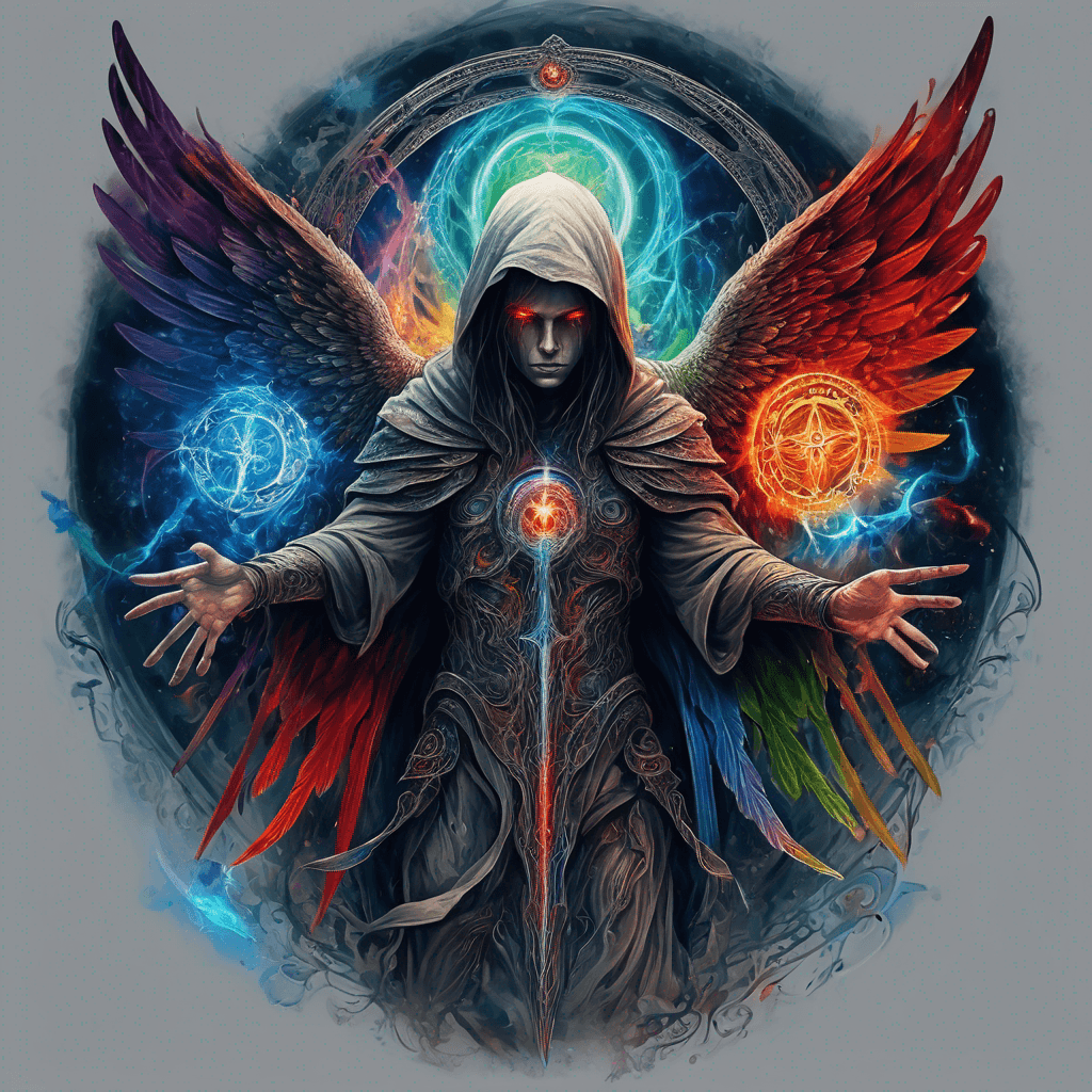 Hooded full-body angel, folded wings, red glowing eyes, vertical demonic sword w/ runes, ornate armor, extremely colorful includes blue,green,purple, red,orange,yellow,blac, white, within circle, filigree border
