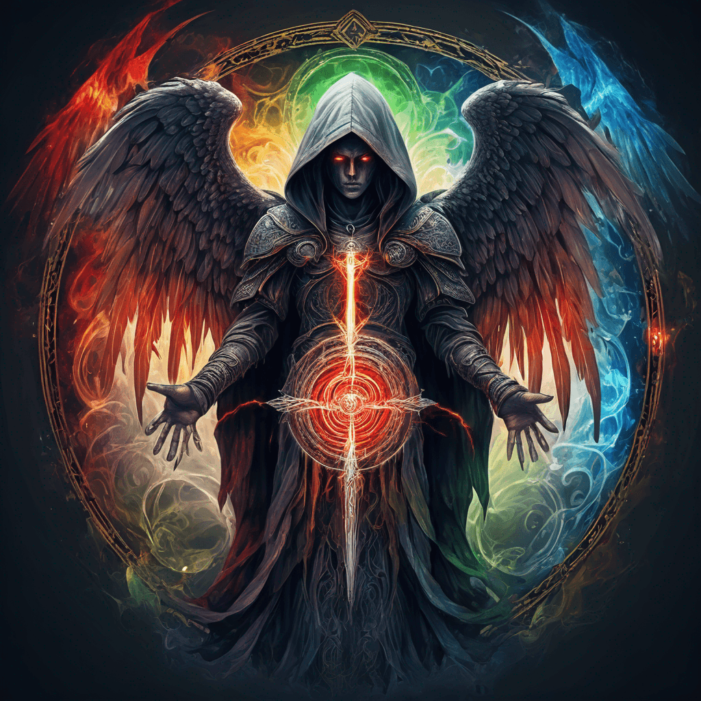 Hooded full-body angel, folded wings, red glowing eyes, vertical demonic sword w/ runes, ornate armor, extremely colorful includes blue,green,purple, red,orange,yellow,blac, white, within circle, filigree border