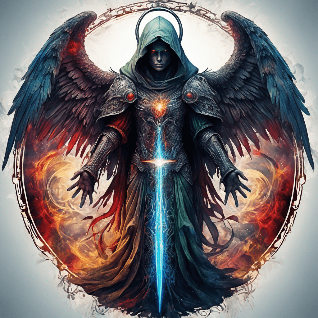 Hooded full-body angel, folded wings, red glowing eyes, vertical demonic sword w/ runes, ornate armor, extremely colorful includes blue,green,purple, red,orange,yellow,blac, white, within circle, filigree border