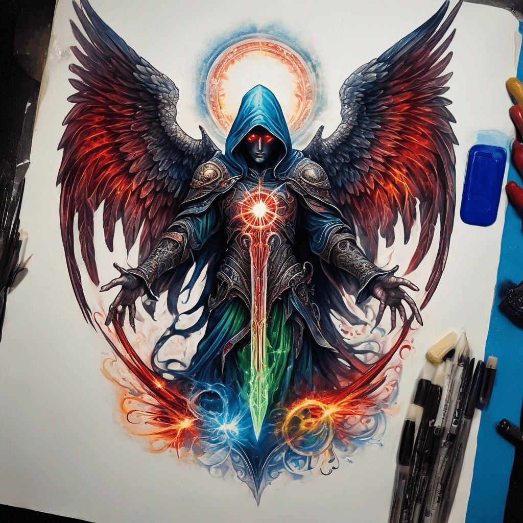 Hooded full-body angel, folded wings, red glowing eyes, vertical demonic sword w/ runes, ornate armor, extremely colorful includes blue,green,purple, red,orange,yellow,blac, white, within circle, filigree border