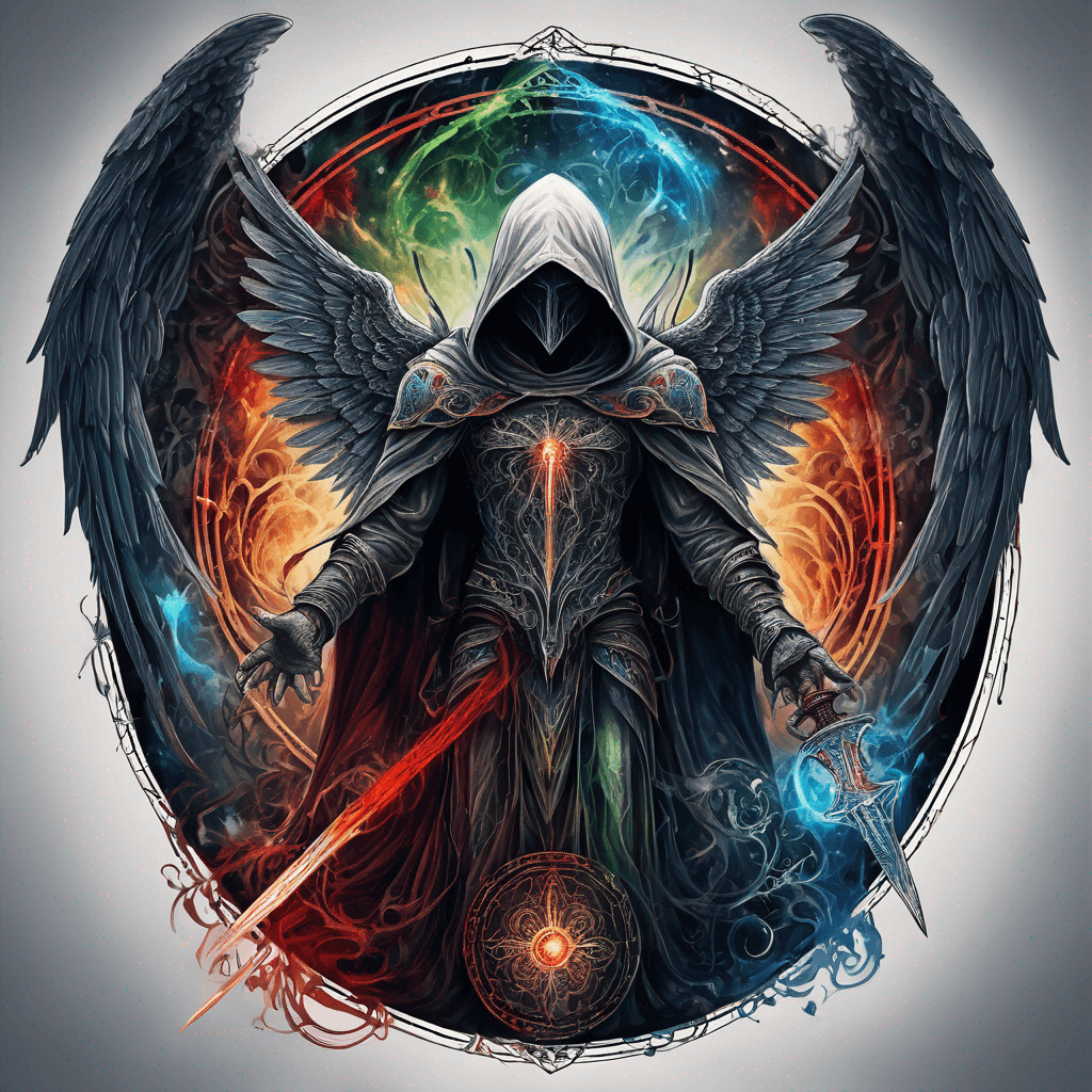 Hooded full-body angel, folded wings, red glowing eyes, vertical demonic sword w/ runes, ornate armor, extremely colorful includes blue,green,purple, red,orange,yellow,blac, white, within circle, filigree border