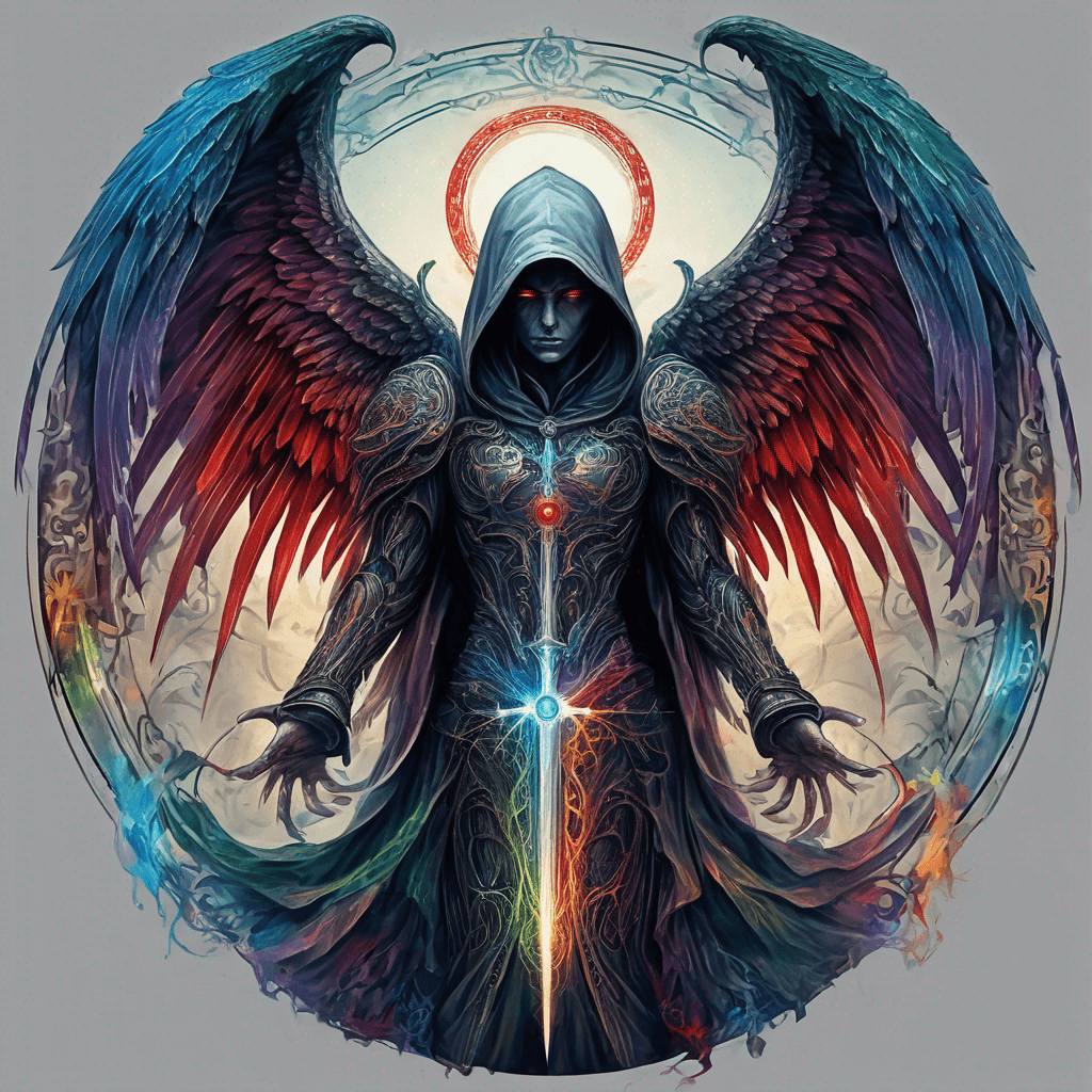 Hooded full-body angel, folded wings, red glowing eyes, vertical demonic sword w/ runes, ornate armor, extremely colorful includes blue,green,purple, red,orange,yellow,blac, white, within circle, filigree border
