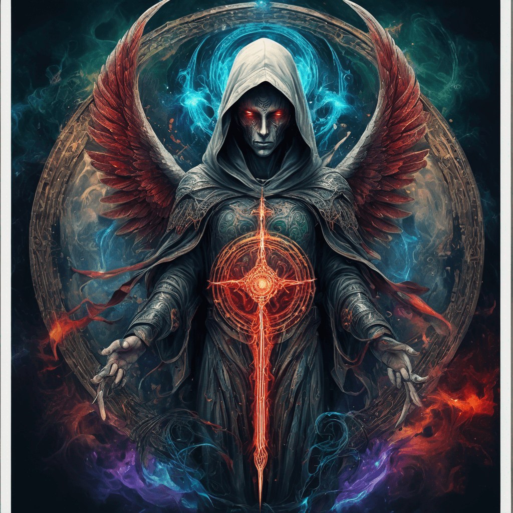 Hooded full-body angel, folded wings, red glowing eyes, vertical demonic sword w/ runes, ornate armor, extremely colorful includes blue,green,purple, red,orange,yellow,blac, white, within circle, filigree border