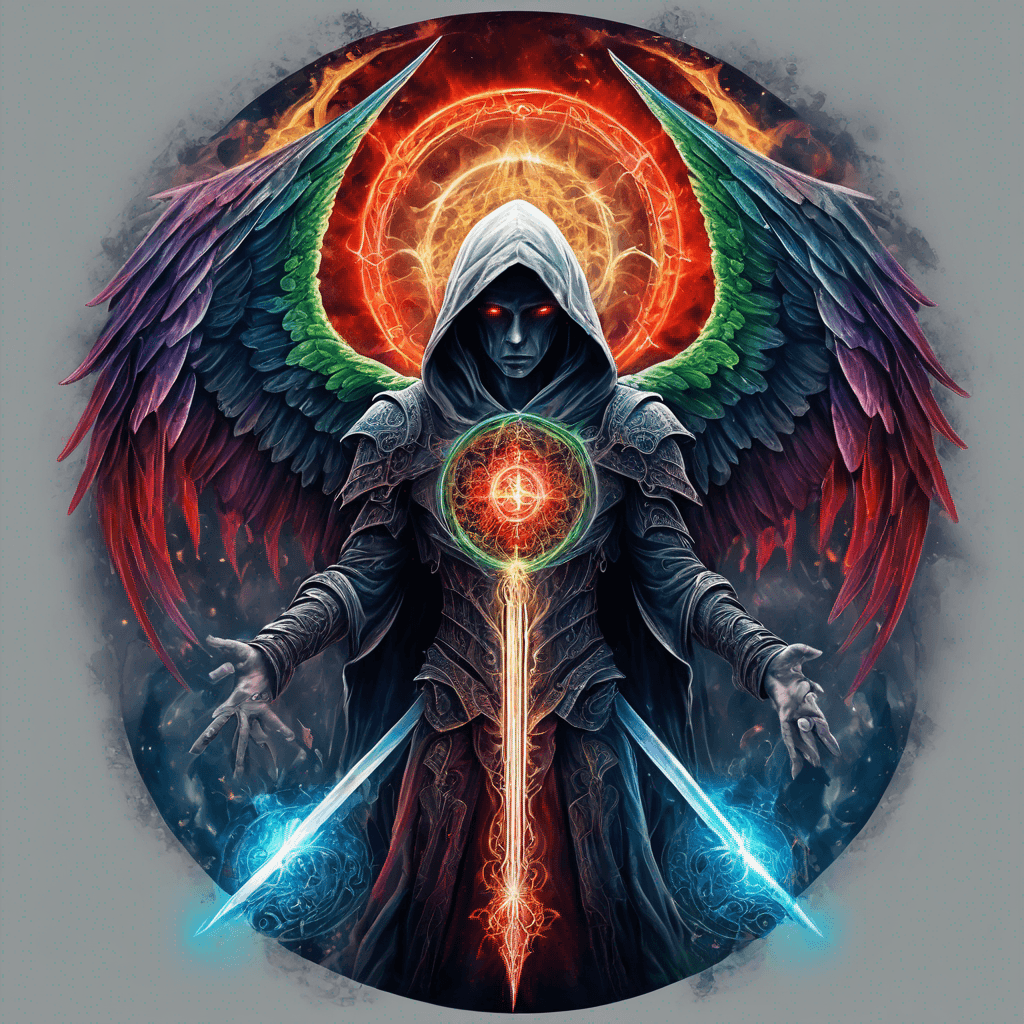 Hooded full-body angel, folded wings, red glowing eyes, vertical demonic sword w/ runes, ornate armor, extremely colorful includes blue,green,purple, red,orange,yellow,blac, white, within circle, filigree border