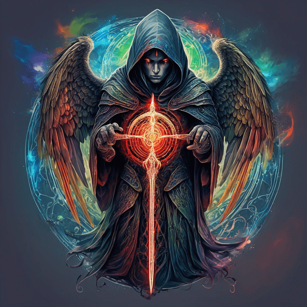 Hooded full-body angel, folded wings, red glowing eyes, vertical demonic sword w/ runes, ornate armor, extremely colorful includes blue,green,purple, red,orange,yellow,blac, white, within circle, filigree border